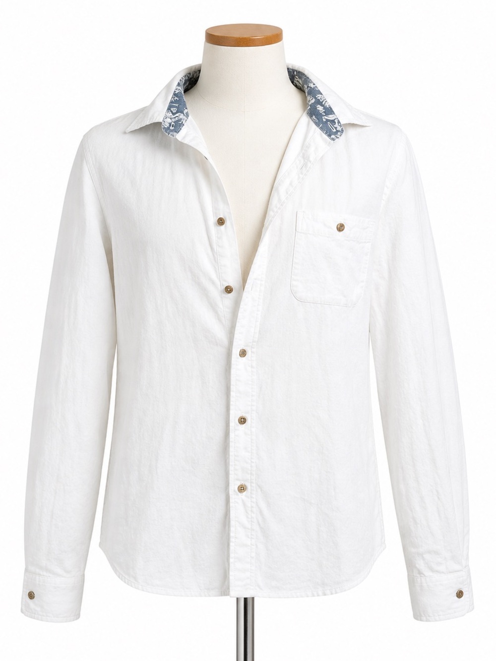 Tailor Vintage White Long-Sleeve Button-Down Shirt with Blue Contrast Collar